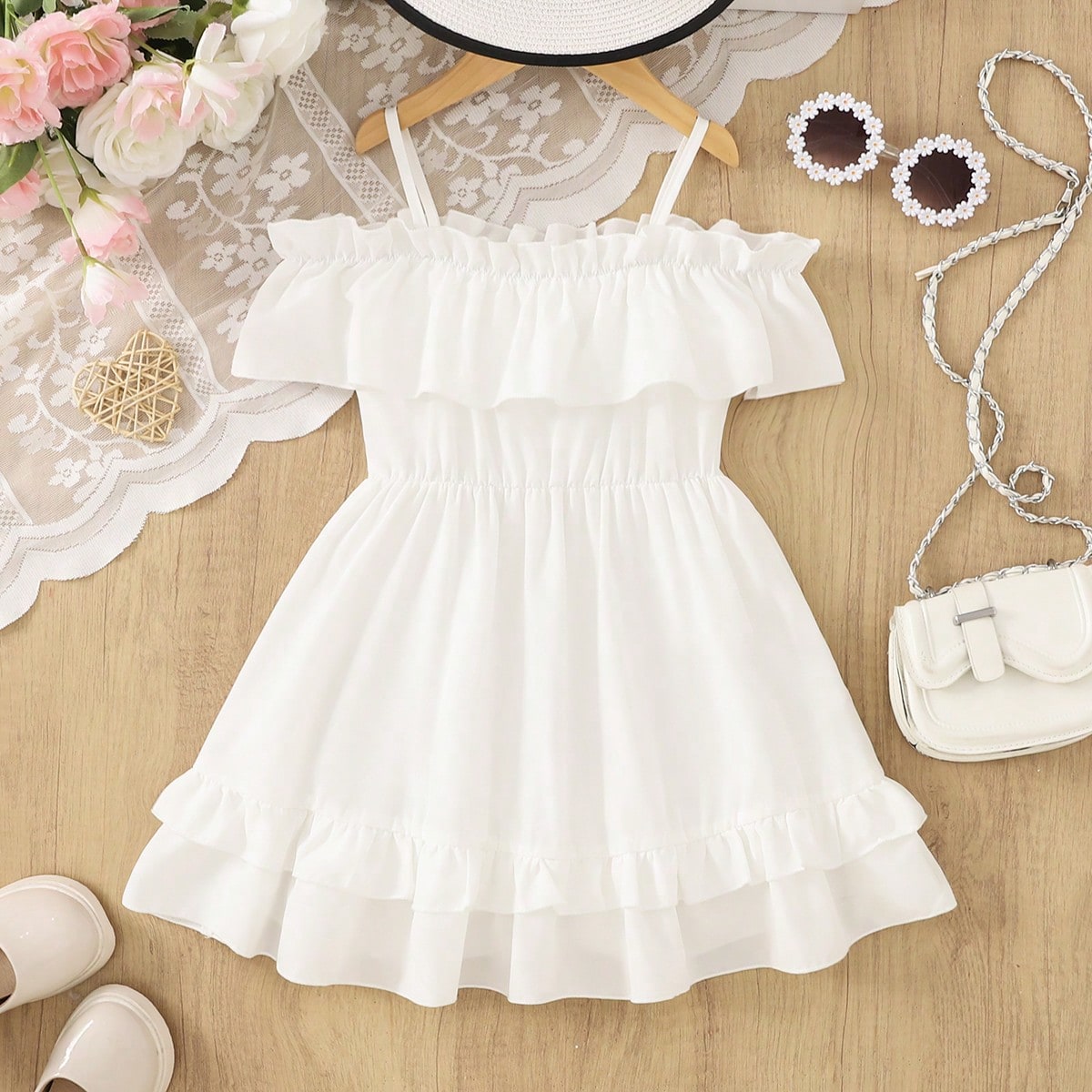 Vestido de verano para niñas blanco con hombros descubiertos, estilo A con volantes, para playa y juego, para edades de 2 a 7 años