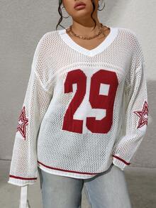 Jersey de punto con cuello en V, calado y contraste de color, talla grande - Blanco - Ver 5