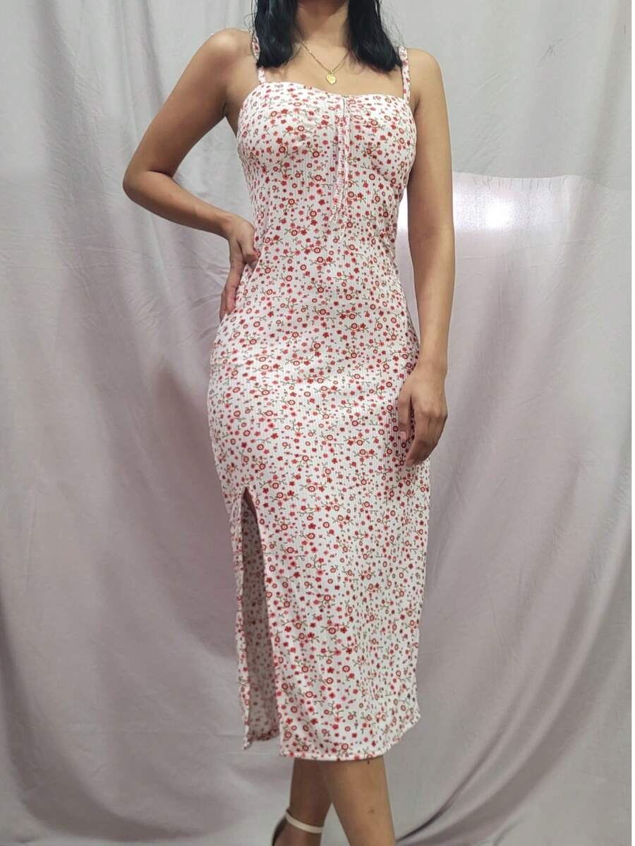 Vestido floreado  Estampado Integral  floral de margarita  Casual  Elegante  Tela  Espalda al aire  Cremallera  Abertura alta