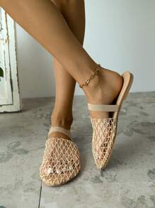 Damen Flache Sandalen mit Hohlmuster, 2025 neue Sommer Mesh Strandurlaub Schwarz Aprikose rutschfest Große Größen Slip-On Pantoffeln, modisch elegant, glamourös, Musik Festival Punk Wild Sexy Schuhe