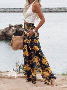 Women's Beach Floral Print Drawstring High Waist Wide Leg Pants - Multicolor - View 3