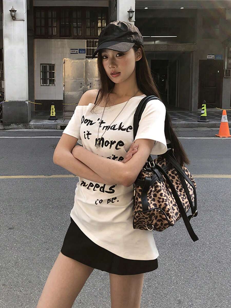 修身性感不对称肩部白色上衣T恤 - 白色 - 查看 1