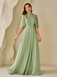 Women's Solid Color Ribbon Collar, Swing Floral Front Elegant Long Sleeve Dress Summer Vacation - Green - View 6