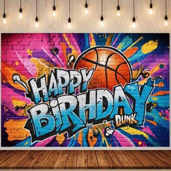 1pc Basketball Theme "Happy Birthday" Party Backdrop, Polyester Fiber Material Banner Decor, Suitable For Home Decor, Room Decor, Wall Decor, And Party Backdrop Decor, Belongs To Party Supplies, Also Can Be Used As Gift, Decorative Background
