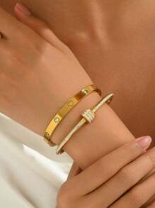 1 Stück/2 Stück Set mit goldenem Armband, mit einem modischen und luxuriösen diamantbesetzten Armband und einem stilsicheren und eleganten Nagelarmreifen aus Titanstahl, spiegelpoliert, vakuumbeschichtet, nicht leicht verblassend, modischer Klassiker-Stil, geeignet für den täglichen Gebrauch