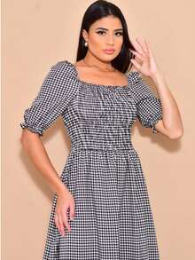 Helena Plaid Crepe Midi Dress With Short Sleeves - Black - View 3