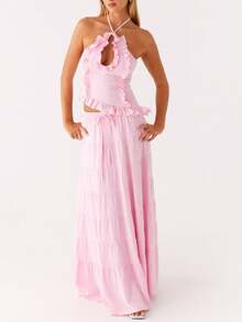 Women Maxi Skirt Set Y2k Ruffle Tie Back Sleeveless Backless Halter Top Long Skirt Summer 2 Piece Outfits - 粉色 - 查看 3