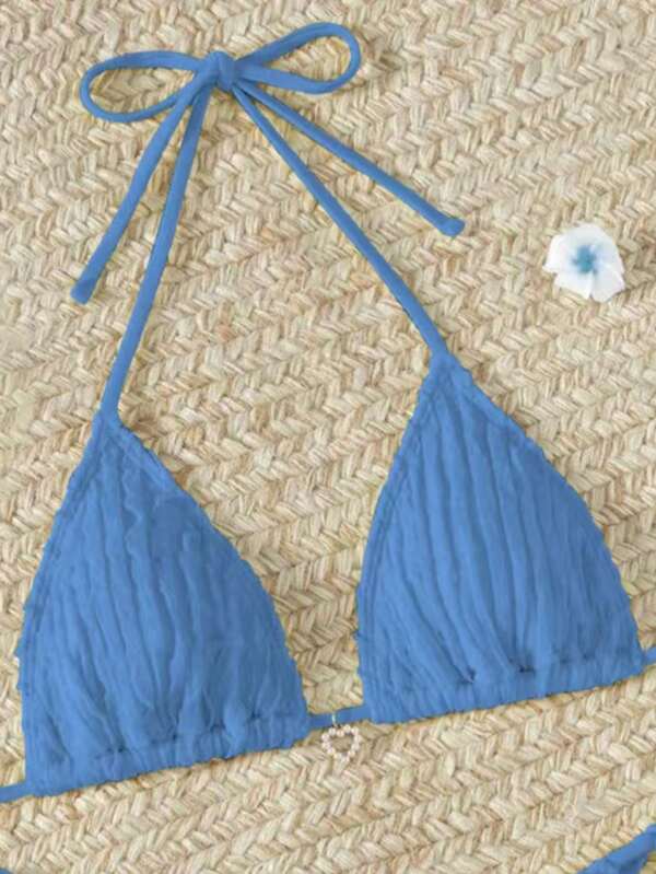 Parte superior de bikini de punto con lazada en la espalda, perla y diseño sexi sólido para playa en verano para mujeres
