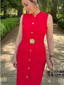 HZXVIC Women's New Black Gold Button Sleeveless Dress For Actresses, Elegant Style, Waist Cinching And Slimming A-Line Dress, Workplace Battle Robe#OfficeChic - Red - View 6