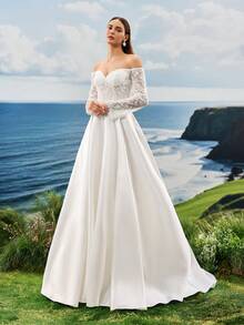 Vestido de novia de línea A de manga larga con hombros descubiertos y encaje blanco, elegante vestido de novia - Blanco - Ver 7