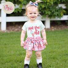 Half Way To One Newborn Baby Girls Birthday Outfits Letter Print Romper Bodysuit Top + Strawberry/Ice Cream/Orange/Watermelon Print Shorts + Bow Headband 3Pcs Clothes Set - 粉色 - 查看 3
