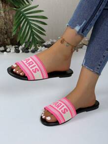 Ladies' Pink And White Slippers | Letter Woven Flower Open Toed Flat Sandals | Breathable Summer Casual Daily Beach Shoes (Sizes 35-43)