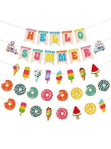 Pancarta "Bienvenido Verano" Decoraciones de fiesta de verano Decoración de fiesta en la playa con motivo de helado y rosquilla Pancartas para fiesta de verano hawaiana de feliz verano Suministros de fiesta