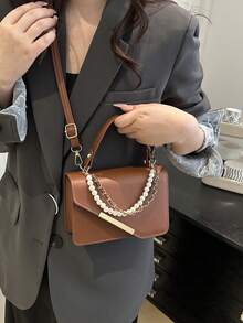 1套简约复古迷你纯色托特包小方包时尚五金铁边翻盖开口肩带可调节斜挎包零钱包适合女性日常休闲搭配使用 - 棕色 - 查看 3