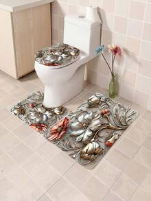 1pc/4pcs Premium 3D Embossed Floral Bathroom Curtain & Mat Set, Modern Minimalist Shower Curtain 70.8x70.8in With 12 Hooks, Non-Slip Bath Mat, U-Shaped Toilet Lid Cover, Bathroom Decor, Bath Accessories, Home Furnishing Christmas Decor