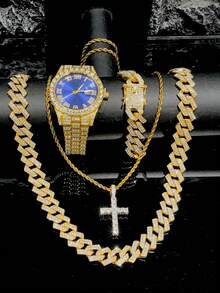 4pcs/Set Men's Watch And Hip Hop Cuban Link Necklace Bracelet Set (No Gift Box) - A - View 10