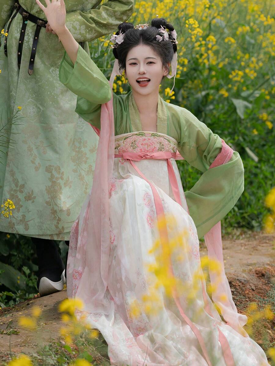 New Tang Dynasty Style Hanfu Women's Mandarin Collar Jacket & Skirted Outfit, Original Design Spring/Summer Set With Floral Print & Embroidery Belt - Pink - View 1