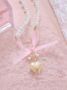 1 Pezzo Collana con ciondolo a cuore rosa francese con fiocco e perle, design esclusivo, dolce e semplice, per la clavicola