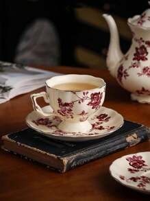 1 Pezzo Tazza da caffè e piattino in ceramica semplice e floreale, coppia di tazze di lusso leggere per uso domestico e in ufficio, per il tè del pomeriggio, adatto come regalo e decorazione per occasioni speciali