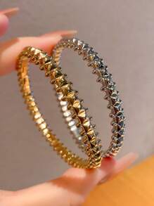 2pcs European & American Style Vintage Rivet Asymmetrical High-End Luxury Personalized Copper Ring & Bracelet Jewelry Set