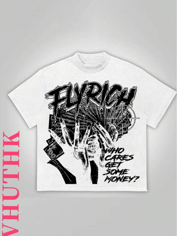 VHUTHK (220 Pure Cotton T-Shirt)    Men's Summer Round Neck Short Sleeved Casual Pure Cotton Print      Hand Drawn Y2k Style