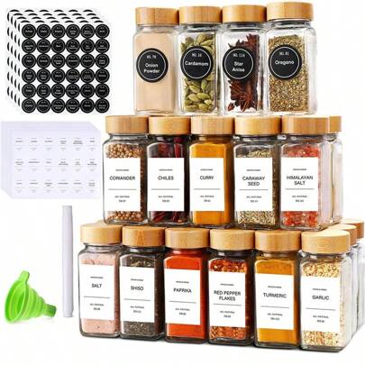 12 pezzi Set di barattoli per spezie in vetro con coperchi in bambù - antiruggine, perfetto per cucina e accessori da tavola, Ognissanti