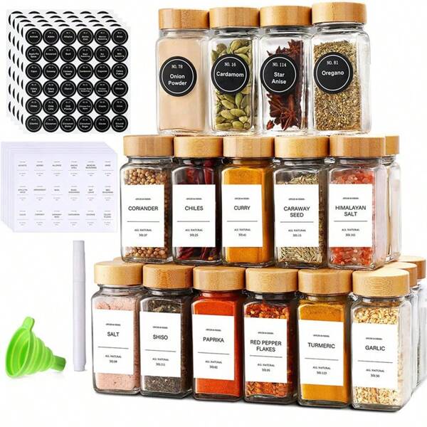 Set di 12 barattoli per spezie in vetro con coperchi in bambù - anti-ruggine, perfetti per la cucina e gli elementi essenziali da tavola