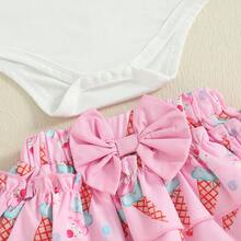 Half Way To One Newborn Baby Girls Birthday Outfits Letter Print Romper Bodysuit Top + Strawberry/Ice Cream/Orange/Watermelon Print Shorts + Bow Headband 3Pcs Clothes Set - 粉色 - 查看 9