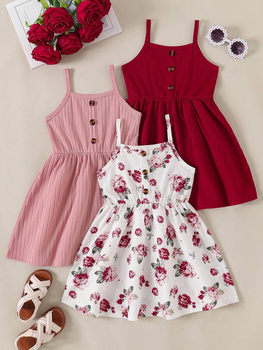 3件套年轻女孩花卉印花休闲细肩带连衣裙