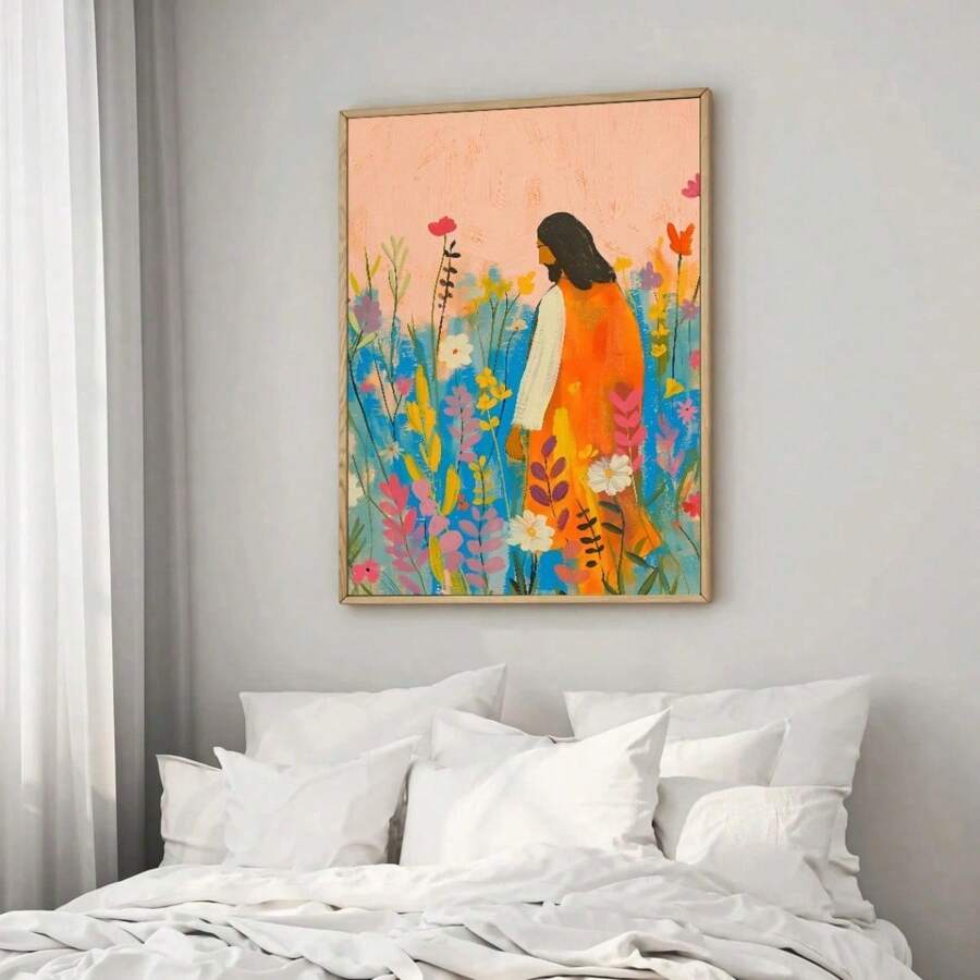 1 pièce Affiche d'art chrétien avec fleurs sauvages colorées, verset biblique, peinture vintage esthétique, impression sur canevas pour décoration murale minimaliste et pour la maison. Cadre en option.
