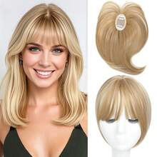 WKCT Hair Topper With Bangs Clip On, 360° 3D Cover Hair Toppers For Women With Thinning Hairs, 10 Inch Straight Clip In Bangs Hairs Piece For Women Daily Wear, Fake Bangs Hair Extensions For Women - 挑染金色 - 查看 1
