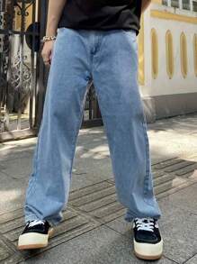 1pc Men's Regular Fit Straight Leg Blue Casual Comfortable Jeans, Suitable For Urban Walking & Outdoor Activities