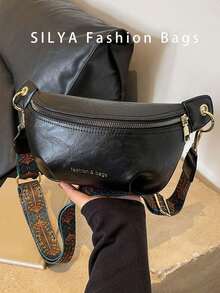 [Chic 2025 时尚单肩包] 咖啡色/深棕色/黑色几何印花宽肩带斜挎胸包 - Chic 2025 女士时尚单肩包 - PU 材质配涤纶衬里，都市风格