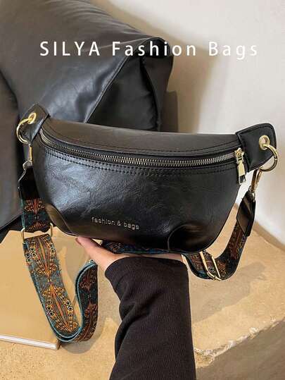 [Chic 2025 时尚单肩包] 咖啡色/深棕色/黑色几何印花宽肩带斜挎胸包 - Chic 2025 女士时尚单肩包 - PU 材质配涤纶衬里，都市风格