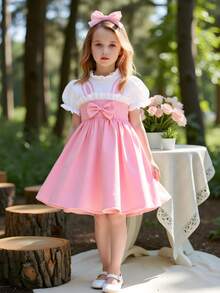 女童夏季连衣裙，兔耳印花 - 泡泡袖蝴蝶结连衣裙，轻便休闲，适合幼儿（2-3岁，4-5岁，6-7岁） - 粉色 - 查看 1