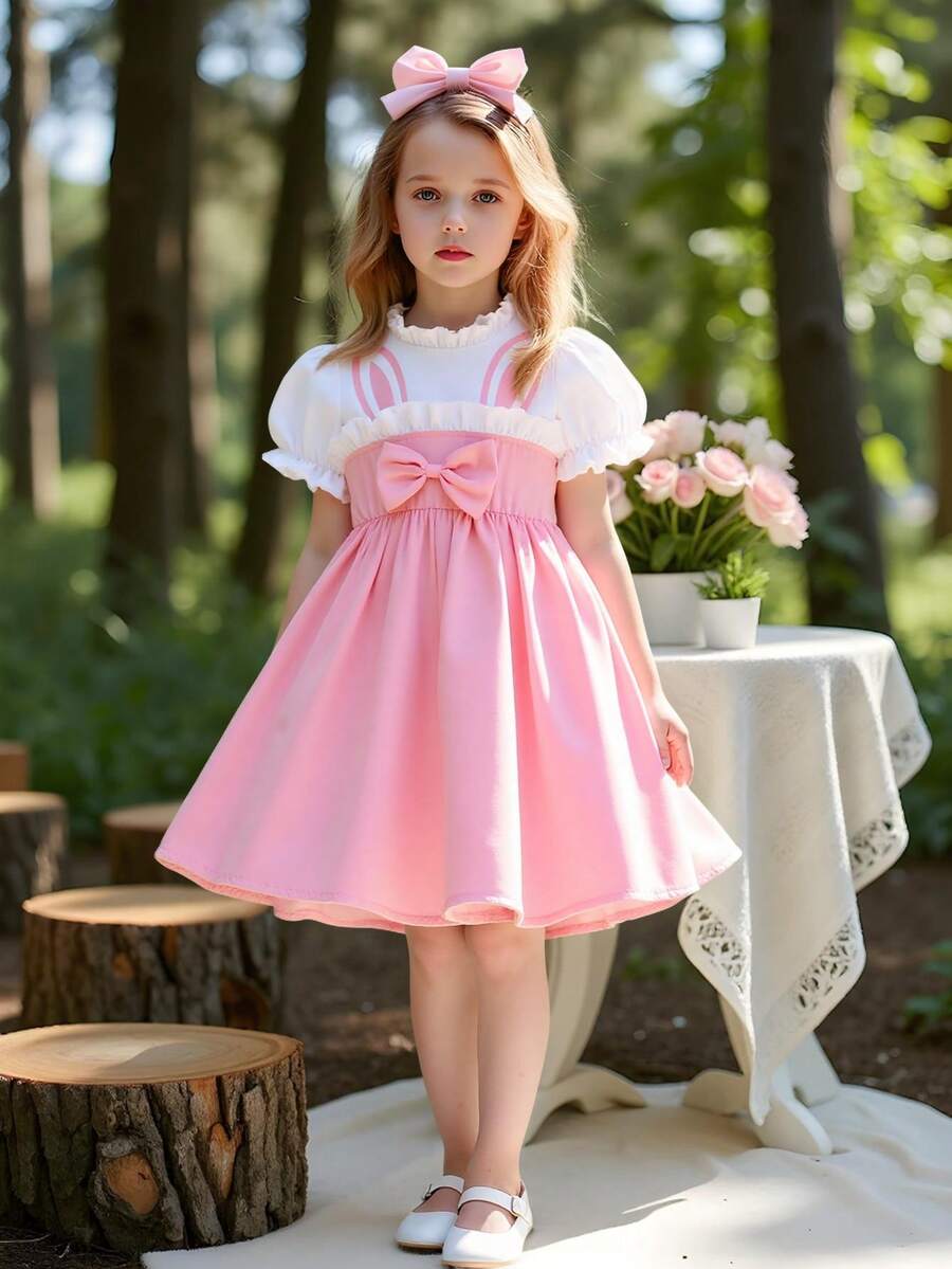 女童夏季连衣裙，兔耳印花 - 泡泡袖蝴蝶结连衣裙，轻便休闲，适合幼儿（2-3岁，4-5岁，6-7岁） - 粉色 - 查看 1
