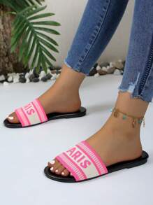 Ladies' Pink And White Slippers | Letter Woven Flower Open Toed Flat Sandals | Breathable Summer Casual Daily Beach Shoes (Sizes 35-43)