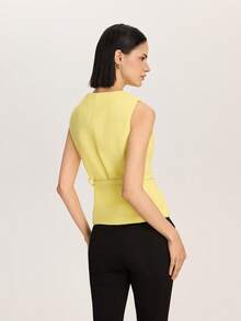 女士休闲通勤奶油黄色纹理腰带背心夹克 - 黃色 - 查看 3