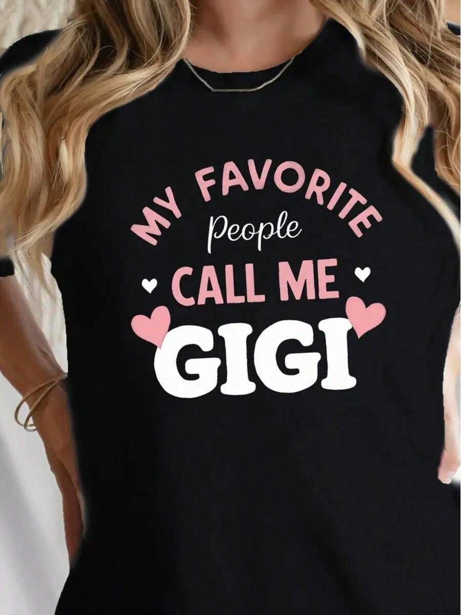 100% Cotton -G-Igi Heart Women's T-Shirt – My Favorite People Call Me G-IgiFun Print, Comfort Fit, Black With Pink Hearts & Lettering, Casual Round Neck Tee For Casual Attire Summer T-Shirt For Women - Black - View 1