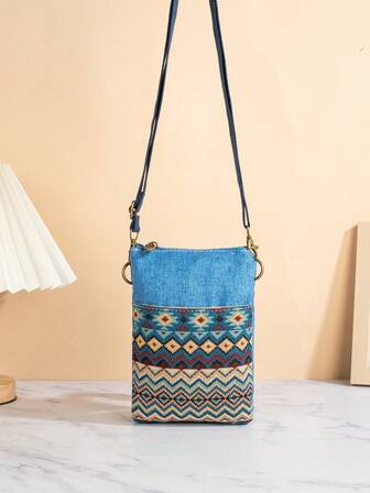 Multiple Compartments Jacquard Crossbody Phone Bag - Bohemian With Adjustable Zipper , Bohemian Outfit For Women