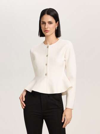 前扣圆领收腰针织开衫夹克