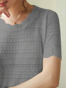 Knit Mix 优雅女士春夏时尚休闲通勤衬衫 白色 时尚蕾丝边圆领镂空短袖修身T恤，适合娇小女性 纯色针织春夏套头毛衣 简约复古风 奶油黄春夏学生装，适合情人节 - 灰色 - 查看 8