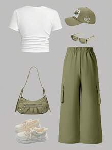 Tween Girl Butterfly Print Short Sleeve Shirt And Cargo Pants - White - View 2