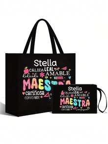 Teacher Appreciation Zipper Bag Combination Storage Bag, Customizable Name Polyester Makeup Bag With "Best Teacher Ever", Lightweight Travel Makeup Storage Bag, Washable Makeup Bag - Black - View 3