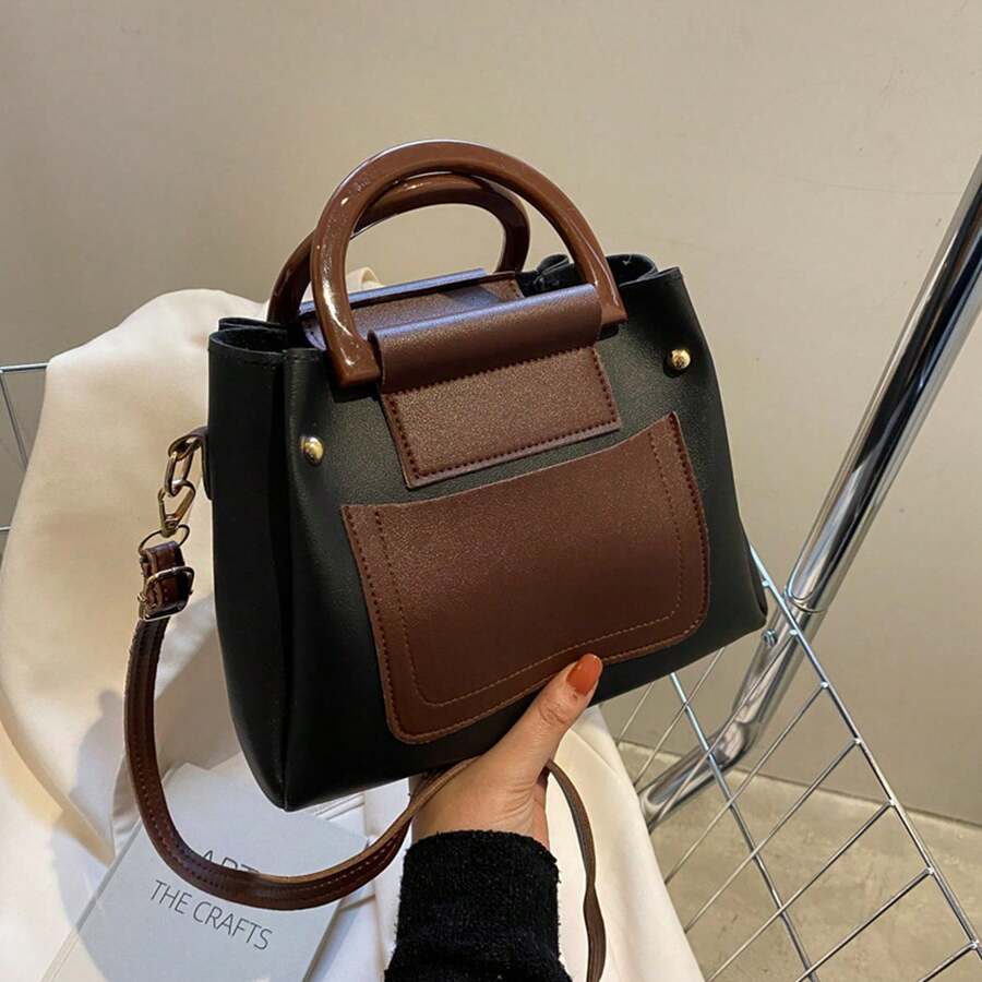 2025 Spring Korean     Patchwork Vintage Feel Ladies Shoulder Square Bag - Black - View 1