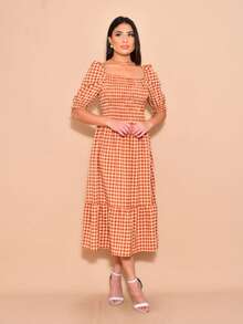 Helena Plaid Crepe Midi Dress With Short Sleeves - Camel - View 4