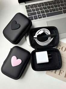1 pieza Bolsa de almacenamiento portátil con forma de corazón de material EVA, adecuada para organizar cables/auriculares/cargadores/pequeños accesorios digitales/monedas
