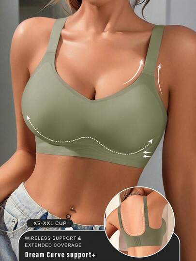 1pc Casual Comfy Green Wireless Seamless Women Bra, Simple Solid Color Bra Wireless