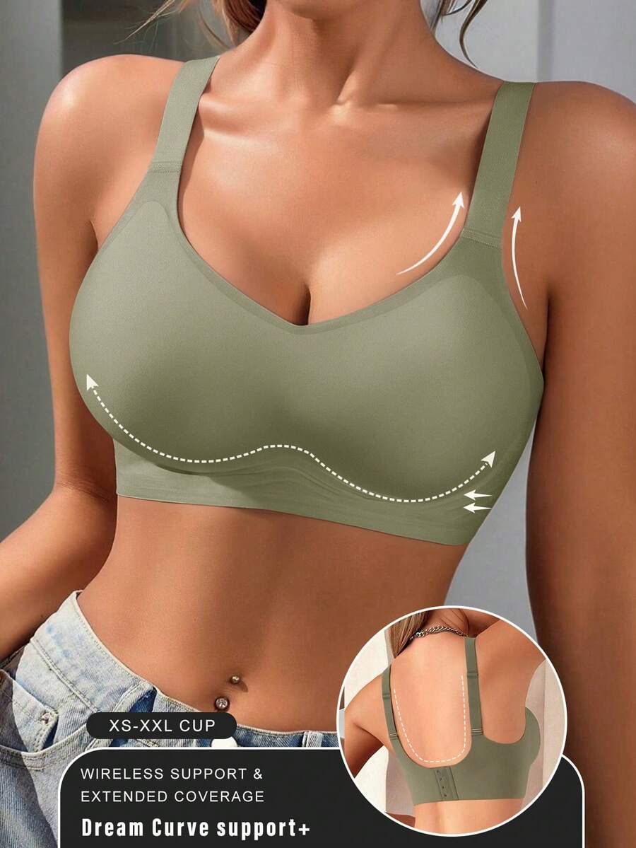 1pc Casual Comfy Green Wireless Seamless Women Bra, Simple Solid Color Bra Wireless - Green - View 1