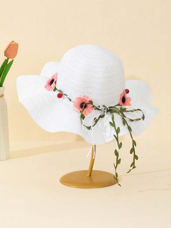 1pc Children Colorful Floral Wreath Decor Straw Hat, Faux Flower & Rope Accent, Cute & Fashionable, Suitable For Summer Outdoor Daily Wear, Eid Al-Adha Gift, Beach Resort